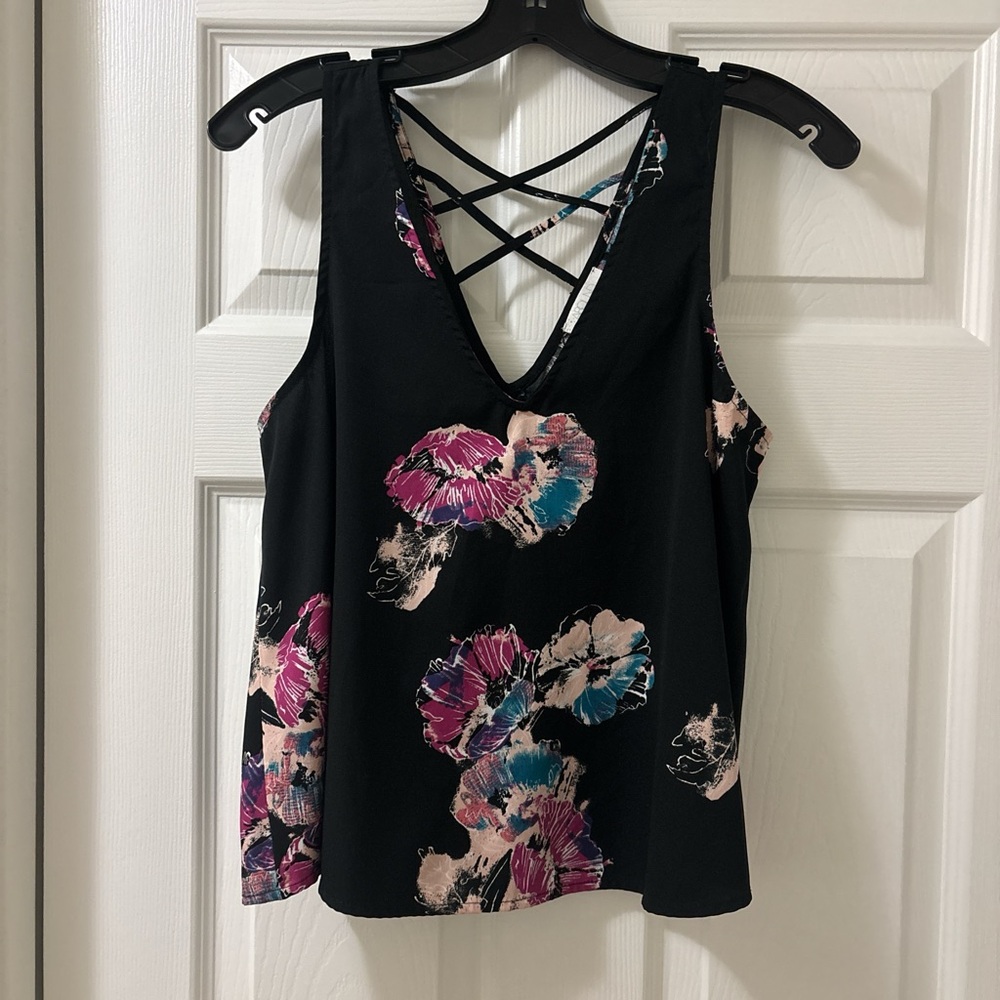Abound Black Floral Cross-Back Tank Top